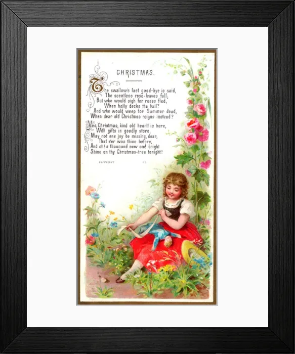Framed Print : Little girl with her doll on a Christmas card Framed Print : Little girl with her doll on a Christmas card