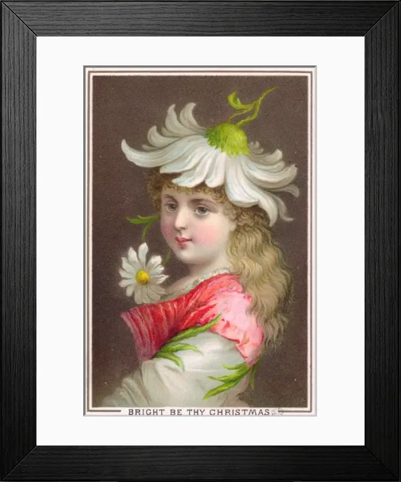 Framed Print : Little girl with white daisies on a Christmas card Framed Print : Little girl with white daisies on a Christmas card