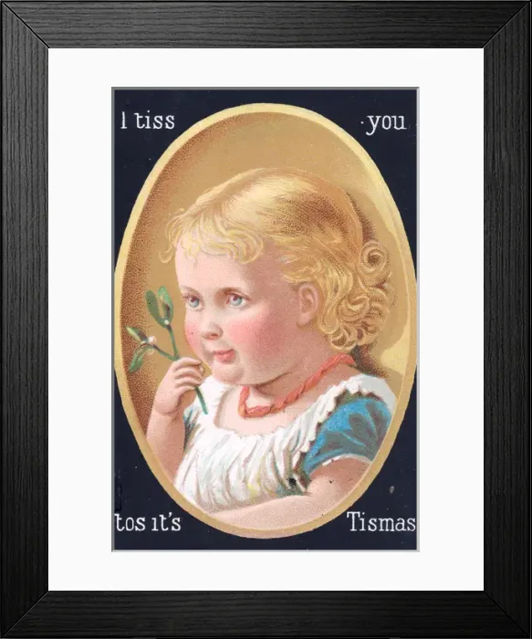 Framed Print : Baby girl with mistletoe on a Christmas card Framed Print : Baby girl with mistletoe on a Christmas card