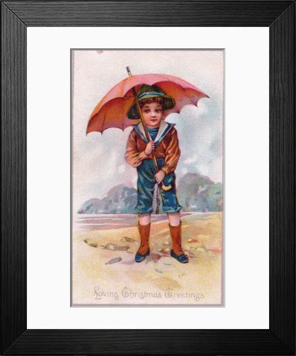 Framed Print : Little boy in sailor suit at the seaside on a Christmas card Framed Print : Little boy in sailor suit at the seaside on a Christmas card