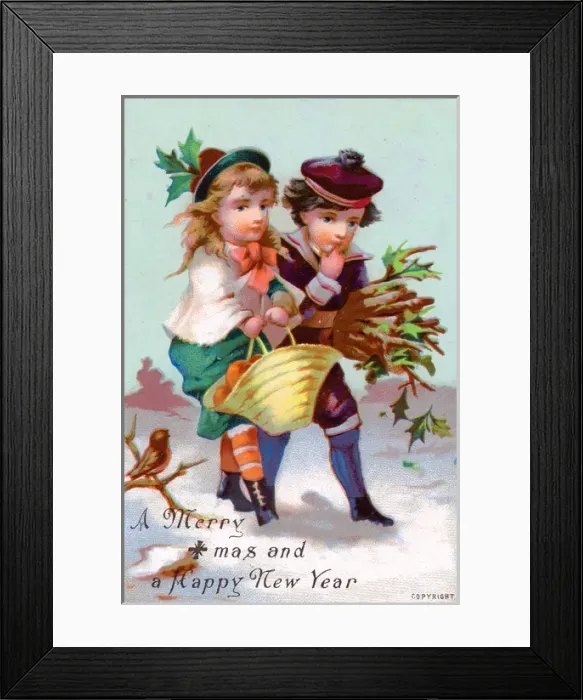 Framed Print : Boy and girl in the snow on a Christmas card Framed Print : Boy and girl in the snow on a Christmas card