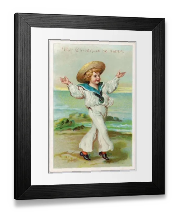 Framed Print : Little boy in sailor suit at the seaside on a Christmas card Framed Print : Little boy in sailor suit at the seaside on a Christmas card