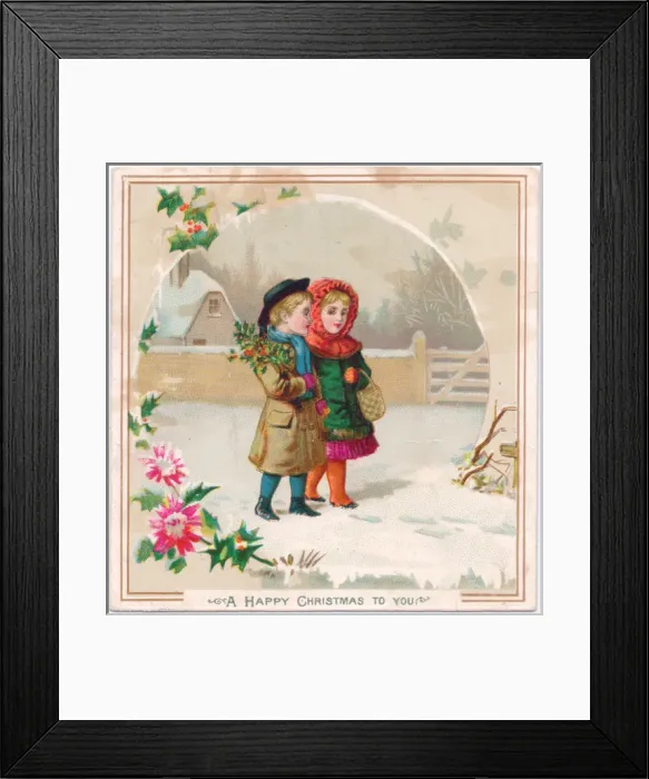 Framed Print : Boy and girl in the snow on a Christmas card Framed Print : Boy and girl in the snow on a Christmas card