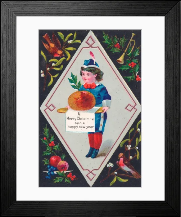 Framed Print : Little boy carrying pudding on a Christmas card Framed Print : Little boy carrying pudding on a Christmas card