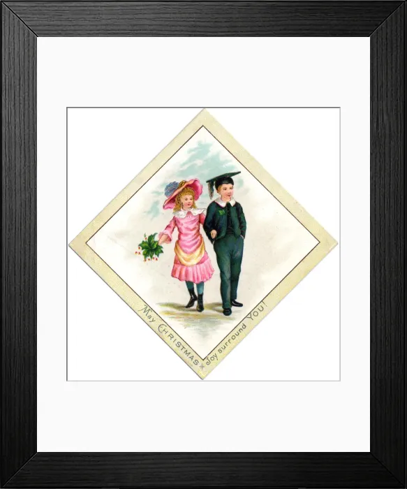 Framed Print : Boy and girl going for a walk on a Christmas card Framed Print : Boy and girl going for a walk on a Christmas card