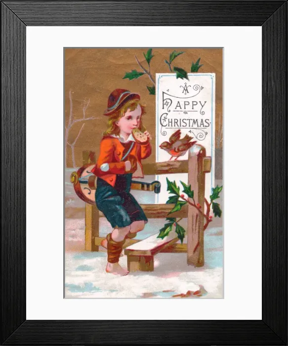 Framed Print : Boy and robin in the snow on a Christmas card Framed Print : Boy and robin in the snow on a Christmas card