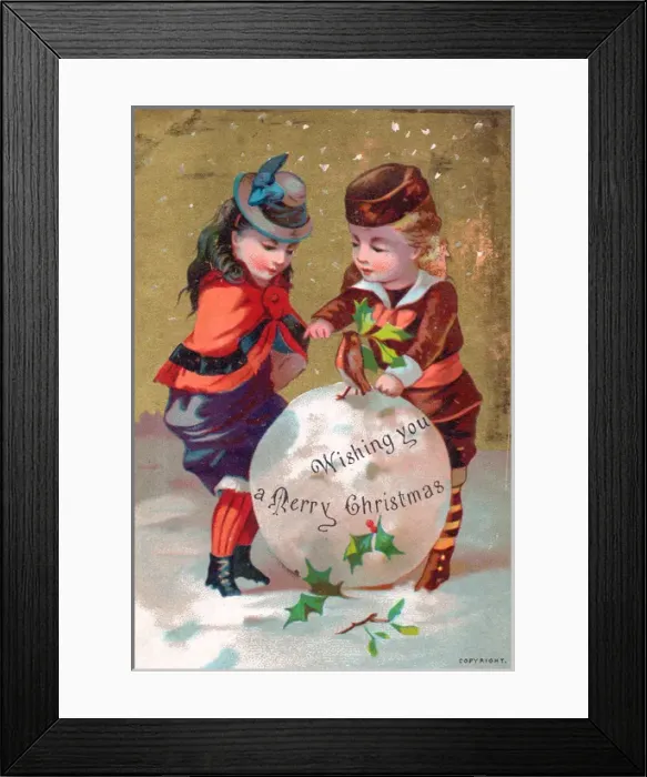 Framed Print : Boy and girl with snowball on a Christmas card Framed Print : Boy and girl with snowball on a Christmas card