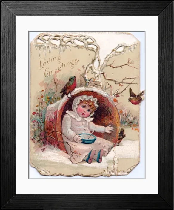 Framed Print : Little girl with robins on a Christmas card Framed Print : Little girl with robins on a Christmas card