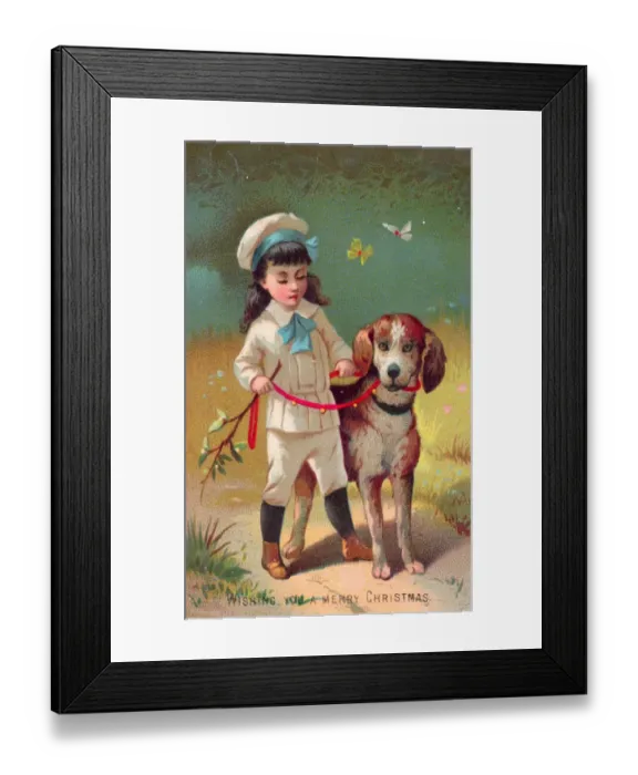 Framed Print : Little boy with large dog on a Christmas card Framed Print : Little boy with large dog on a Christmas card