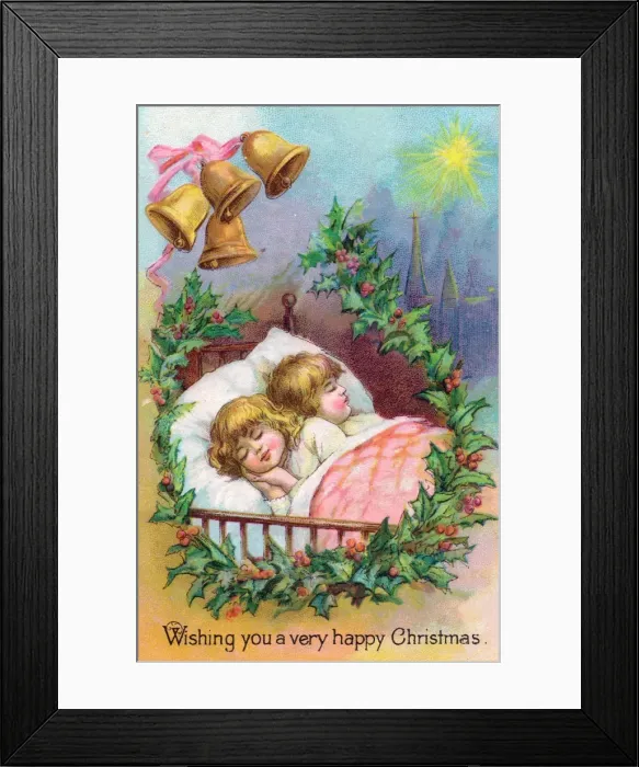 Framed Print : Two children asleep in bed on a Christmas card Framed Print : Two children asleep in bed on a Christmas card