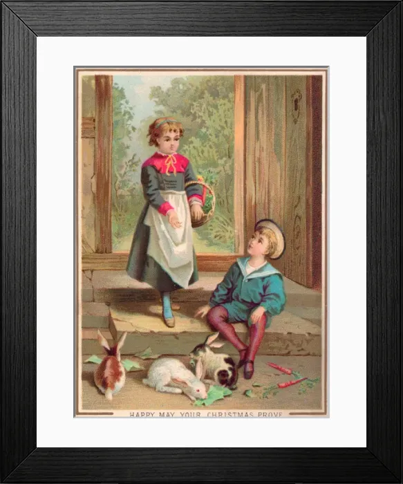 Framed Print : Little girl and boy with rabbits on a Christmas card Framed Print : Little girl and boy with rabbits on a Christmas card
