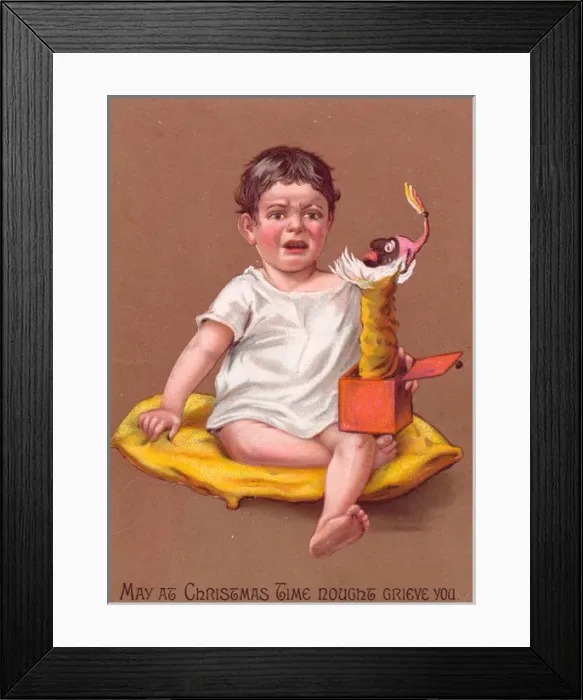 Framed Print : Little boy with jack in the box on a Christmas card Framed Print : Little boy with jack in the box on a Christmas card