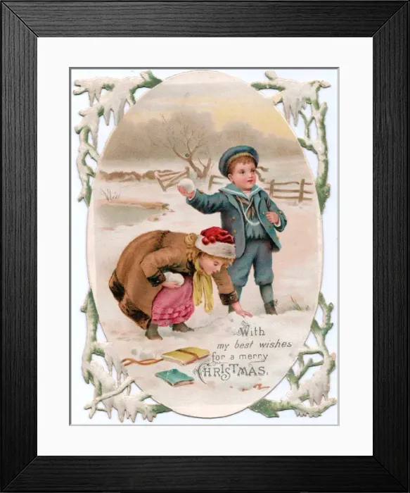 Framed Print : Boy and girl in the snow on a Christmas card Framed Print : Boy and girl in the snow on a Christmas card