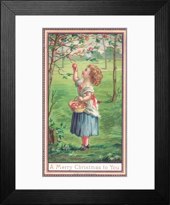 Framed Print : Little girl in an orchard on a Christmas card Framed Print : Little girl in an orchard on a Christmas card