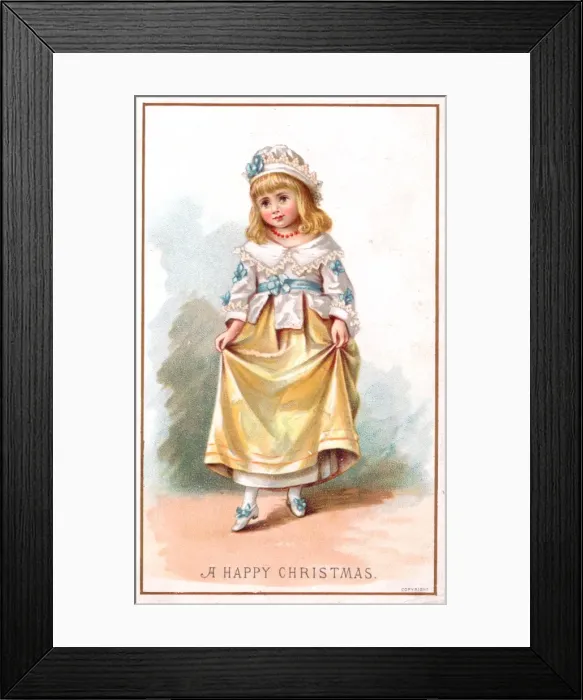 Framed Print : Little girl curtseying on a Christmas card Framed Print : Little girl curtseying on a Christmas card