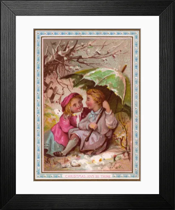 Framed Print : Boy and girl in the snow on a Christmas card Framed Print : Boy and girl in the snow on a Christmas card