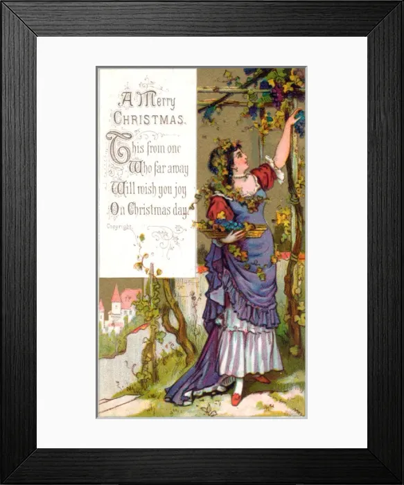 Framed Print : Woman picking grapes on a Christmas card Framed Print : Woman picking grapes on a Christmas card