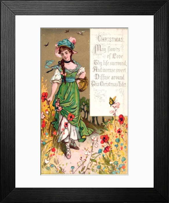 Framed Print : Woman in cornfield with poppies on a Christmas card Framed Print : Woman in cornfield with poppies on a Christmas card
