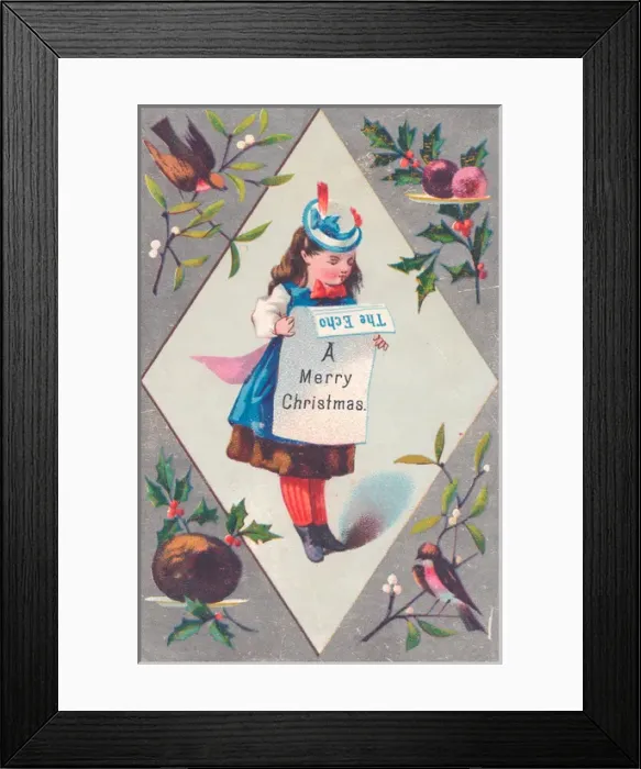 Framed Print : Little girl reading newspaper on a Christmas card Framed Print : Little girl reading newspaper on a Christmas card
