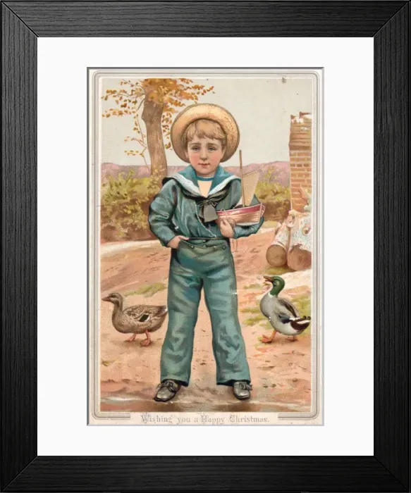 Framed Print : Little boy in a sailor suit on a Christmas card Framed Print : Little boy in a sailor suit on a Christmas card
