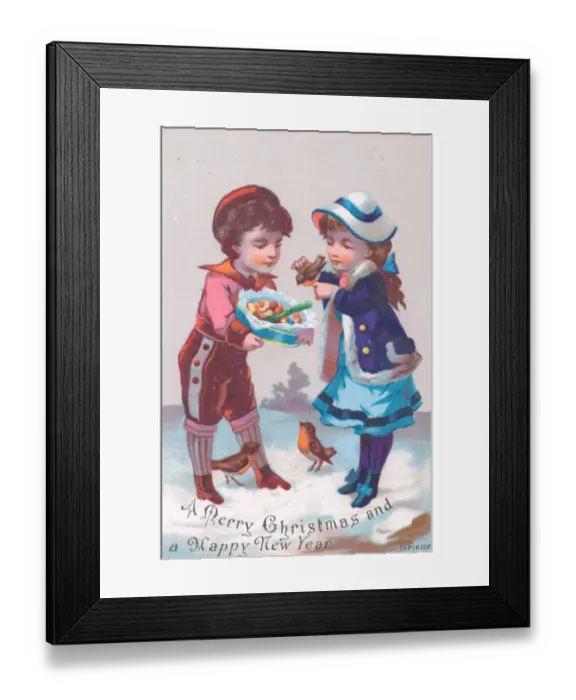 Framed Print : Boy and girl in the snow on a Christmas card Framed Print : Boy and girl in the snow on a Christmas card