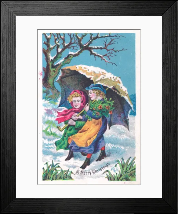 Framed Print : Two girls in the snow on a Christmas card Framed Print : Two girls in the snow on a Christmas card