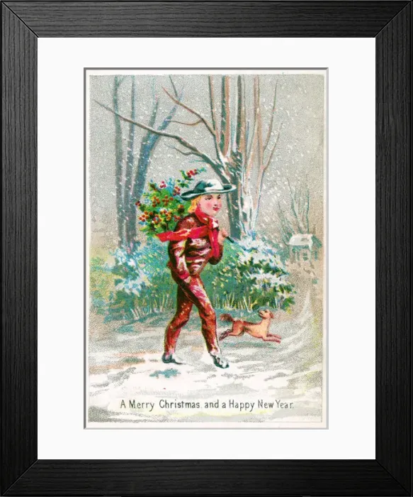 Framed Print : Boy and dog with holly on a Christmas card Framed Print : Boy and dog with holly on a Christmas card