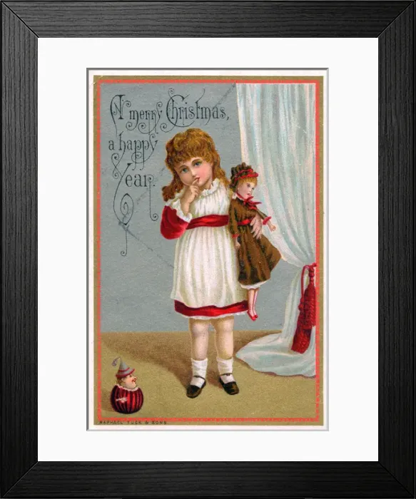 Framed Print : Little girl with a doll on a Christmas card Framed Print : Little girl with a doll on a Christmas card