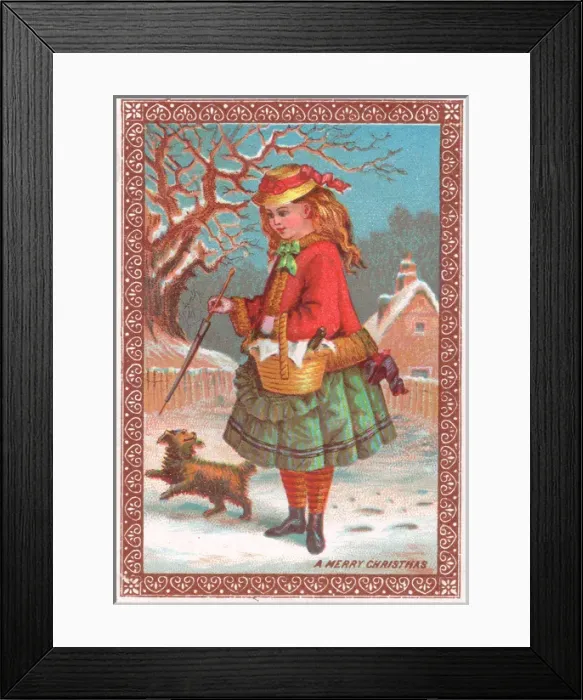 Framed Print : Girl and dog in the snow on a Christmas card Framed Print : Girl and dog in the snow on a Christmas card