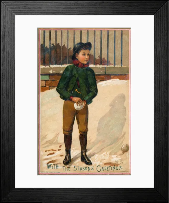 Framed Print : Boy with snowball on a Christmas card Framed Print : Boy with snowball on a Christmas card