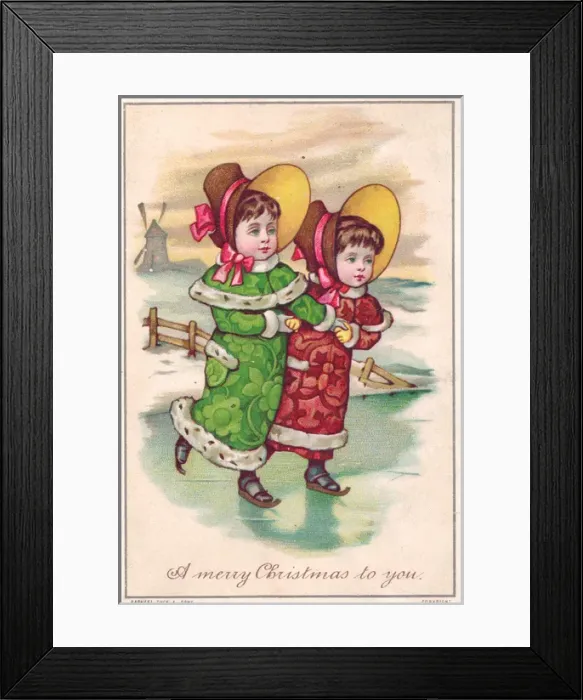Framed Print : Two girls skating on a Christmas card Framed Print : Two girls skating on a Christmas card