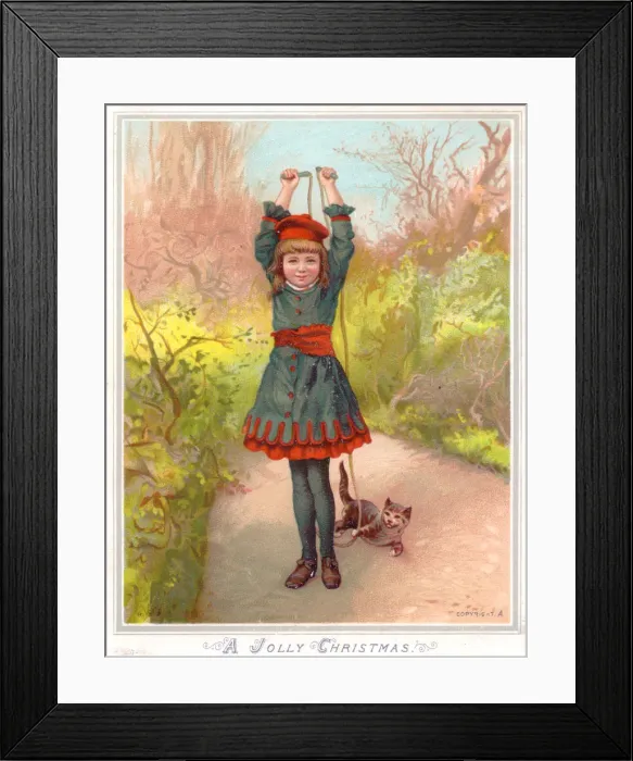 Framed Print : Girl in a garden with a cat on a Christmas card Framed Print : Girl in a garden with a cat on a Christmas card