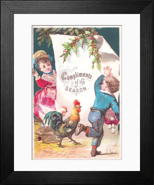 Framed Print : Little girl and boy with hens on a Christmas card Framed Print : Little girl and boy with hens on a Christmas card