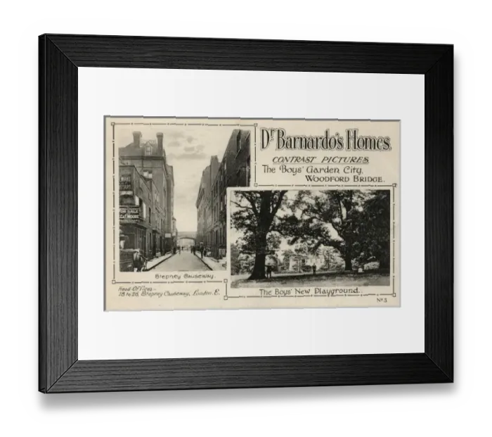 Framed Print : Barnardos Contrast Card advertising new Woodford Bridge H Framed Print : Barnardos Contrast Card advertising new Woodford Bridge H