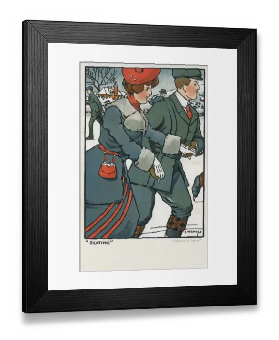 Framed Print : Skating. A couple ice skating in a winter scene. Artist: BH Smale Date: 1904 Framed Print : Skating. A couple ice skating in a winter scene. Artist: BH Smale Date: 1904