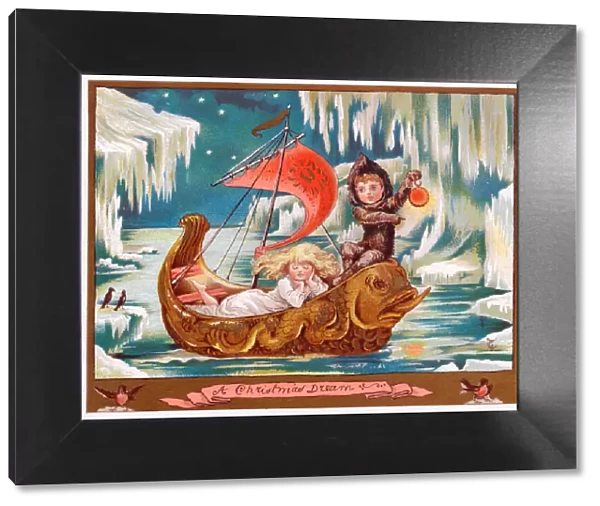 Boy and girl in a fantasy boat on a Christmas card
