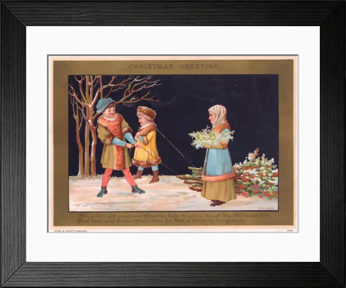 Framed Print : Three children in historical costume on a Christmas card Framed Print : Three children in historical costume on a Christmas card