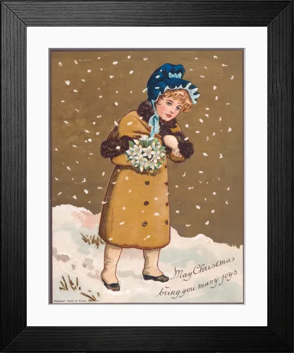 Framed Print : Girl in the snow on a Christmas card Framed Print : Girl in the snow on a Christmas card