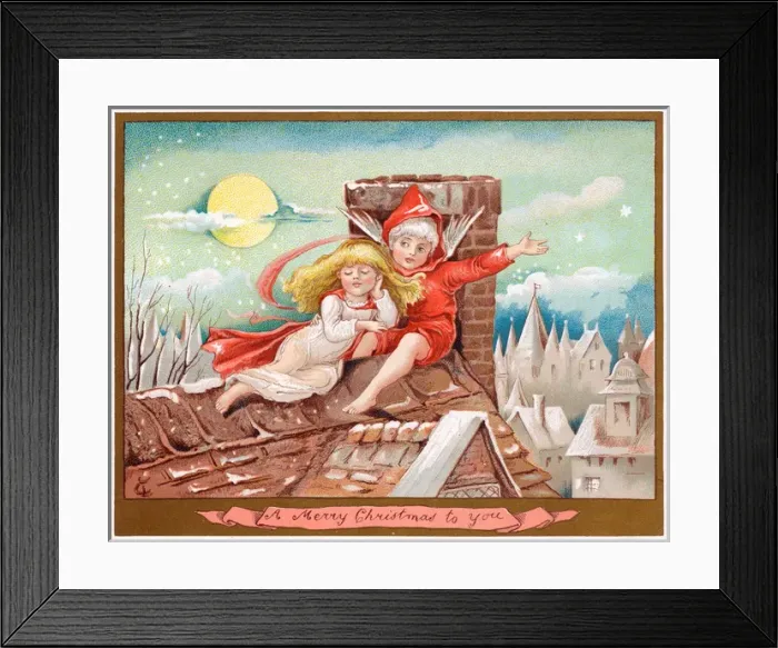 Framed Print : Boy and girl on a rooftop on a Christmas card Framed Print : Boy and girl on a rooftop on a Christmas card