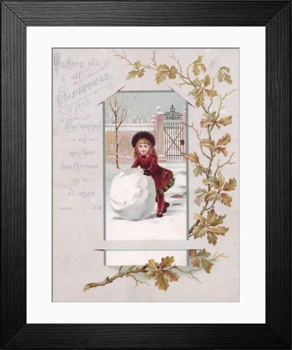 Framed Print : Girl with a large snowball on a Christmas card Framed Print : Girl with a large snowball on a Christmas card