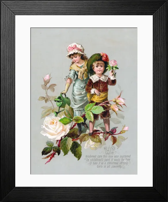 Framed Print : Boy and girl with flowers on a Christmas card Framed Print : Boy and girl with flowers on a Christmas card