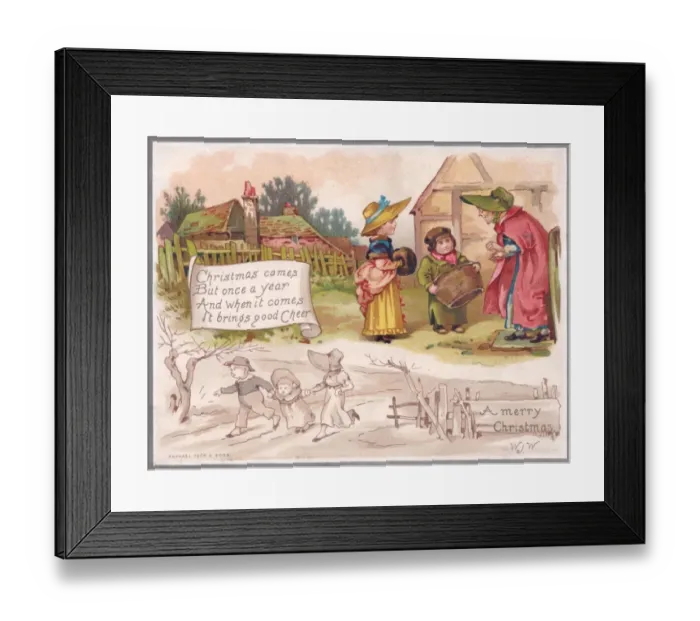 Framed Print : Two children visit an old lady on a Christmas card Framed Print : Two children visit an old lady on a Christmas card