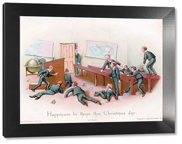 Schoolboys and teacher on a Christmas card