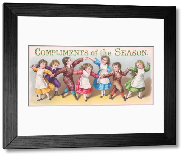 Framed Print : Seven children dancing on a Christmas card Framed Print : Seven children dancing on a Christmas card