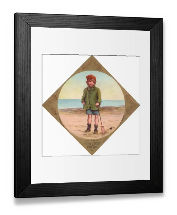 Framed Print : Little boy at the seaside on a New Year card Framed Print : Little boy at the seaside on a New Year card