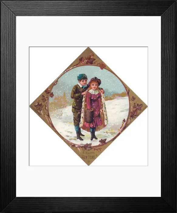 Framed Print : Boy and girl in the snow on a New Year card Framed Print : Boy and girl in the snow on a New Year card