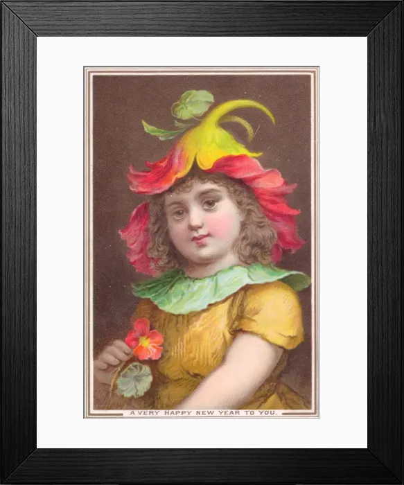Framed Print : Girl with flower hat on a New Year card Framed Print : Girl with flower hat on a New Year card