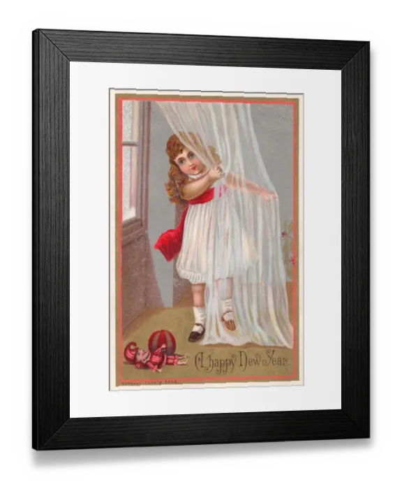 Framed Print : Girl and doll on a New Year card Framed Print : Girl and doll on a New Year card