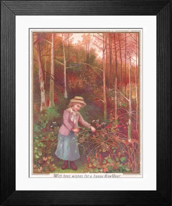 Framed Print : Girl in a wood with brambles on a New Year card Framed Print : Girl in a wood with brambles on a New Year card