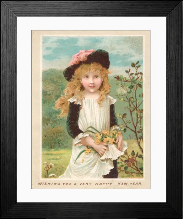 Framed Print : Girl with flowers on a New Year card Framed Print : Girl with flowers on a New Year card